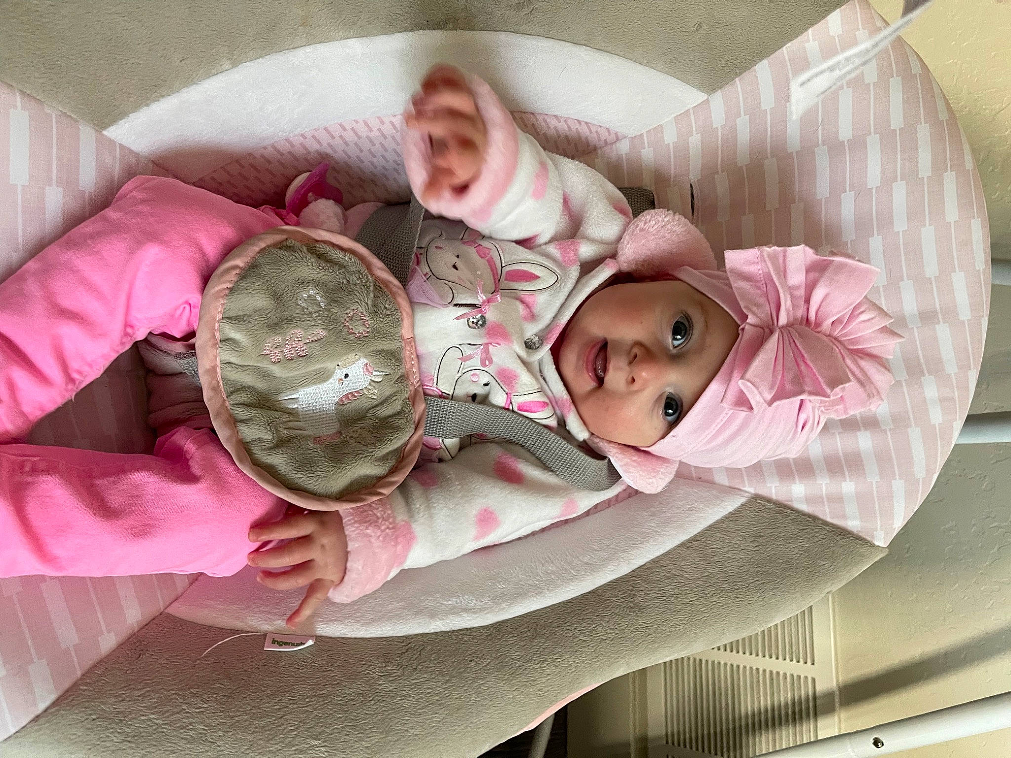 Lucy joined the competition — help win amazing prizes! baby, baby_products, child, comfort, fashion_accessory, headwear, linens, magenta, paper, paper_product, pattern, person, pink, room, saving, smile, tableware, textile, toddler