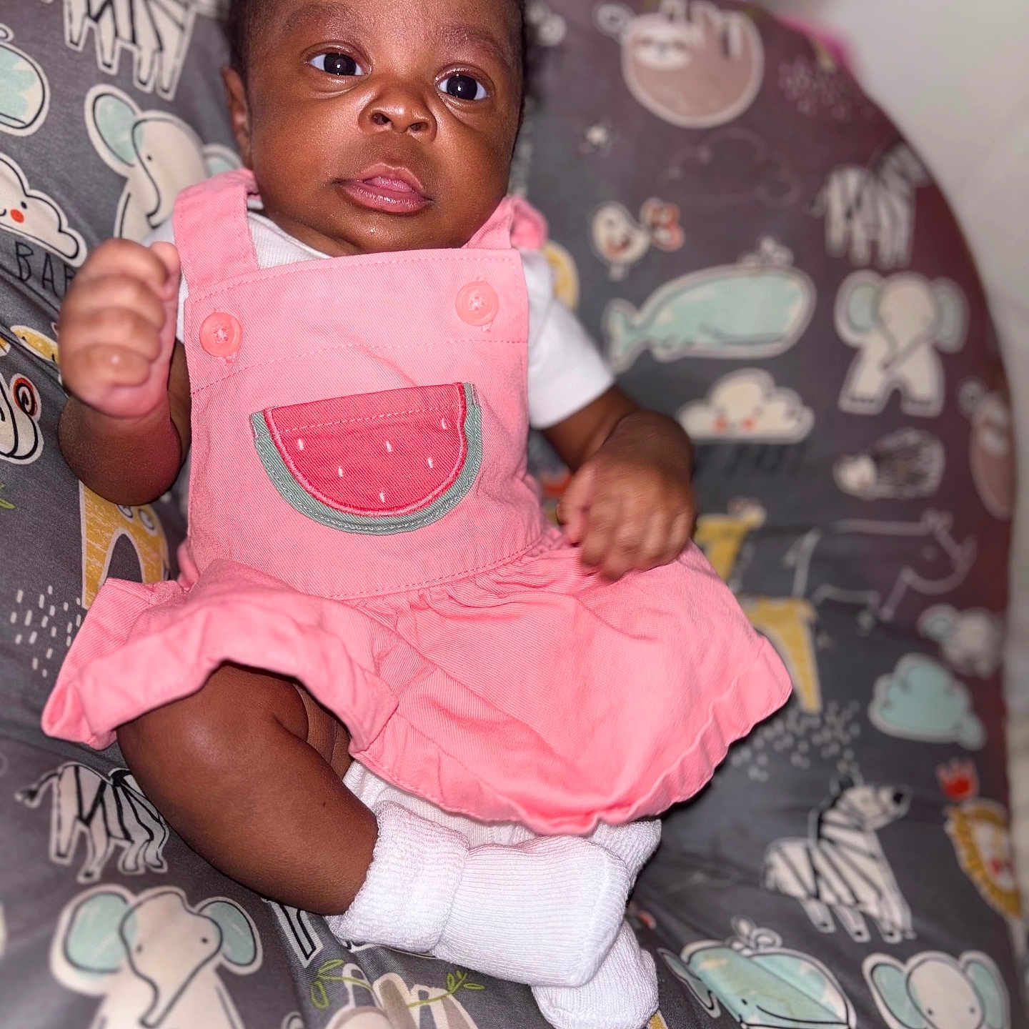 Jariyah joined the competition — help win amazing prizes! baby, infant, pink_dress, watermelon_patch, cushion, animal_print, elephant, sloth, zebra, whale, cloud, smiling_face, white_socks, dark_skin, curly_hair, indoor, portrait, child, cute, seated