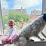 toddler, child, dog, windowsill, window, smiling, pink_pants, white_shirt, pet, house, garden, flower, daylight, indoor, furry, happy, playing, domestic_animal, window_view, casual_clothing