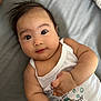 Pari is registered to the contest to win money with this photo: arm, baby, bed, bracelet, child, curious, cute, expression, face, hand, indoors, infant, lying_down, portrait, sheet, skin, soft_lighting, tank_top, tousled_hair, white_clothing