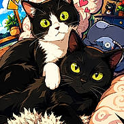 Sarada Et Bruce a rejoint le concours — aidez-le/la à gagner de superbes lots ! anime, artwork, black_cat, black_and_white_cat, cat, cat_portrait, cuddling, decorative_pillows, feline, flowers, heart_symbols, indoor, illustration, large_eyes, pet, plush_toy, portrait, sitting, sleeping_area, stylized
