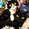 anime, artwork, black_cat, black_and_white_cat, cat, cat_portrait, cuddling, decorative_pillows, feline, flowers, heart_symbols, indoor, illustration, large_eyes, pet, plush_toy, portrait, sitting, sleeping_area, stylized