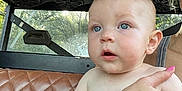 Jon Lewis joined the competition — help win amazing prizes! baby, child, person, hand, arm, skin, blue_eyes, hair, diaper, seat, leather, car_interior, window, sunlight, adult, bracelet, nail_polish, vehicle, curious, holding