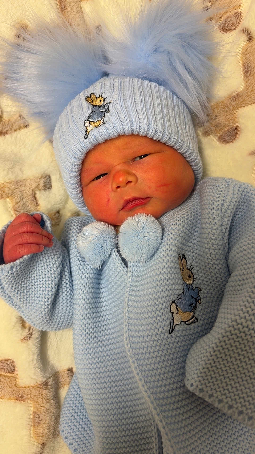 Frankie-James is registered to the contest to win money with this photo: baby, infant, knitwear, blue_clothing, hat, pom_poms, blanket, soft_texture, cute, newborn, portrait, child, warm_clothing, indoor, resting, face, hand, cozy, smile, sleepy