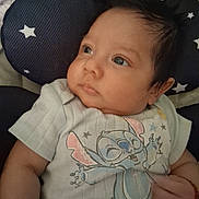 Leylanney joined the competition — help win amazing prizes! baby, cartoon, child, close_up, clothing, cozy, cushion, eyes, face, hair, indoor, infant, lying_down, onesie, photography, portrait, sitting, smiling, star_pattern, stitch_character