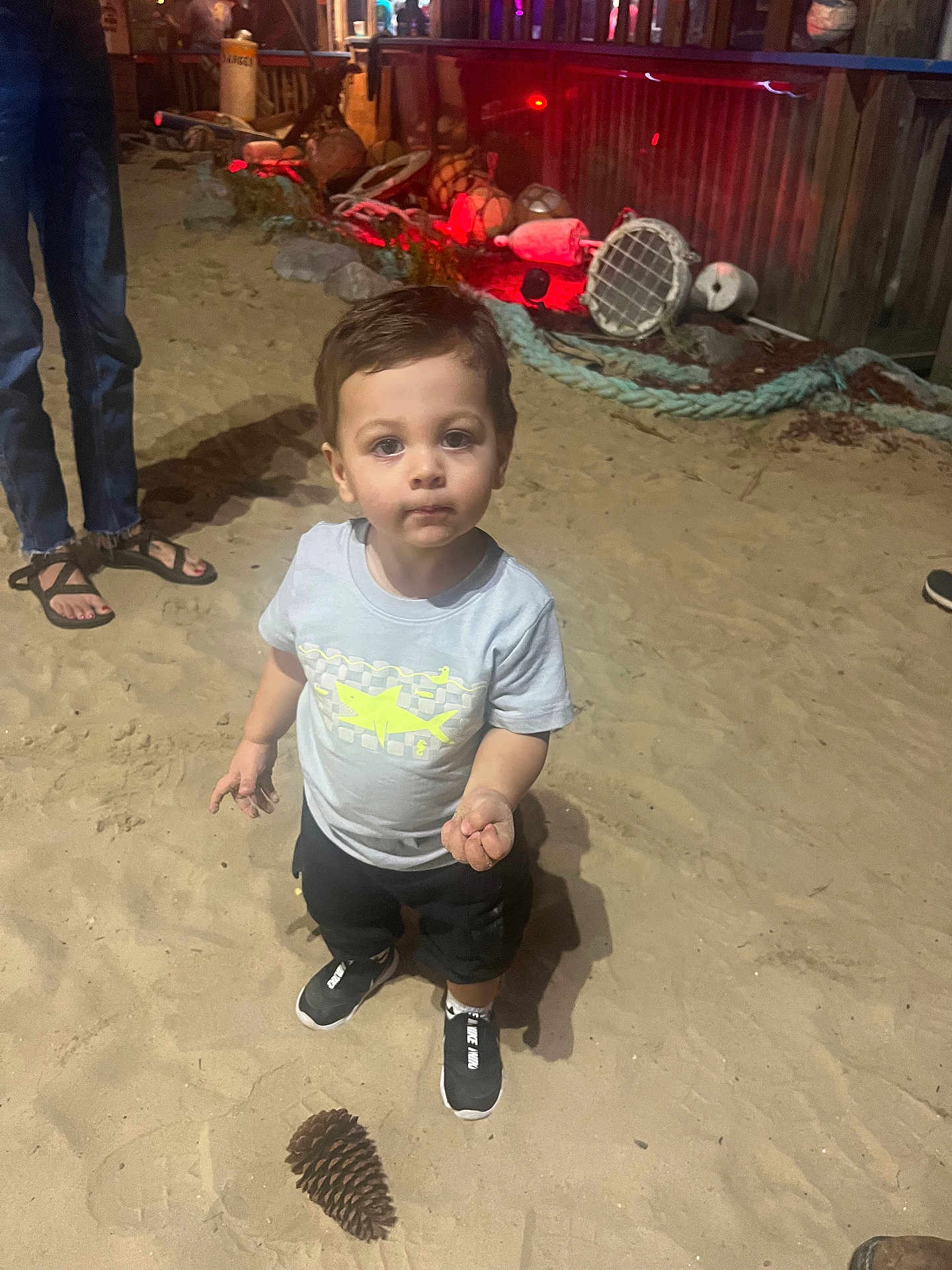 Liam is registered to the contest to win money with this photo: child, toddler, sand, pine_cone, sneakers, t_shirt, shorts, standing, curious_expression, face, eyes, rope, buoys, netting, evening, lights, adult_legs, sandals, floor, portrait