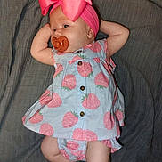 Calena joined the competition — help win amazing prizes! baby, infant, pacifier, headband, bow, dress, patterned_clothing, blue, pink, lying_down, blanket, infant_clothing, cute, child, relaxed, skin, legs, arms, indoors, portrait