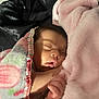 baby, sleeping, blanket, infant, closeup, hand, face, cozy, soft, newborn, cute, peaceful, indoors, child, wrapped, warm, pink, fleece, portrait, resting