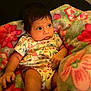 baby, infant, child, blanket, floral_pattern, clothing, indoors, person, cute, resting, soft_texture, comfort, young_child, skin, face, eyes, hand, legs, sitting, expression