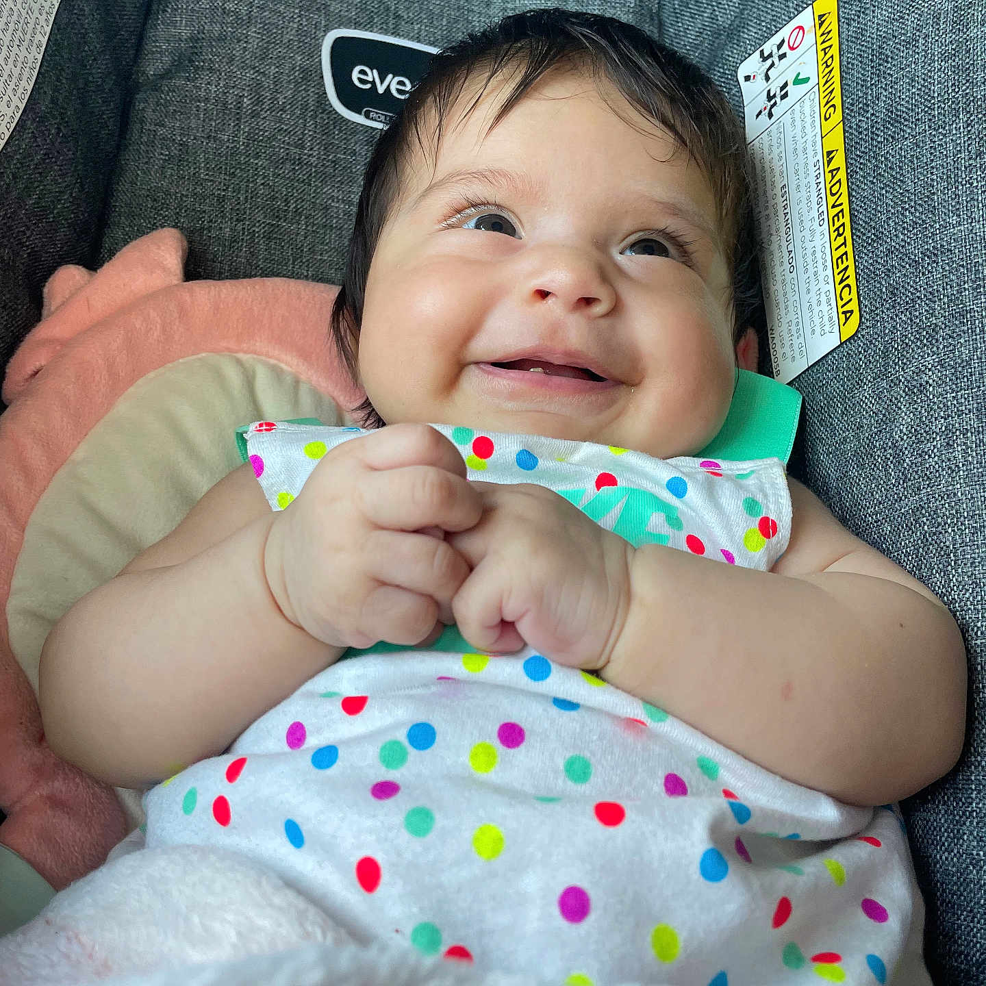 Genesis Andrea Muñoz is registered to the contest to win money with this photo: baby, carrier, child, closeup, colorful_clothing, cushion, cute, eyes, fabric, face, hands, happy, head, indoor, infant, polka_dot, portrait, skin, smiling, soft