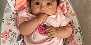 Genesis Andrea Muñoz joined the competition — help win amazing prizes! baby, infant, child, pigtails, bows, pink_onesie, floral_pattern, baby_seat, cute, hand_in_mouth, wide_eyes, indoors, soft_lighting, portrait, young_child, adorable, sitting, person, skin, expression