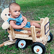 Montrice is registered to the contest to win money with this photo: baby, child, cute, denim_overalls, grass, greenery, infant, nature, outdoor, person, playtime, relaxed, small_vehicle, summer, teddy_bear, toy, tree_trunk, wheels, wood, wooden_wagon