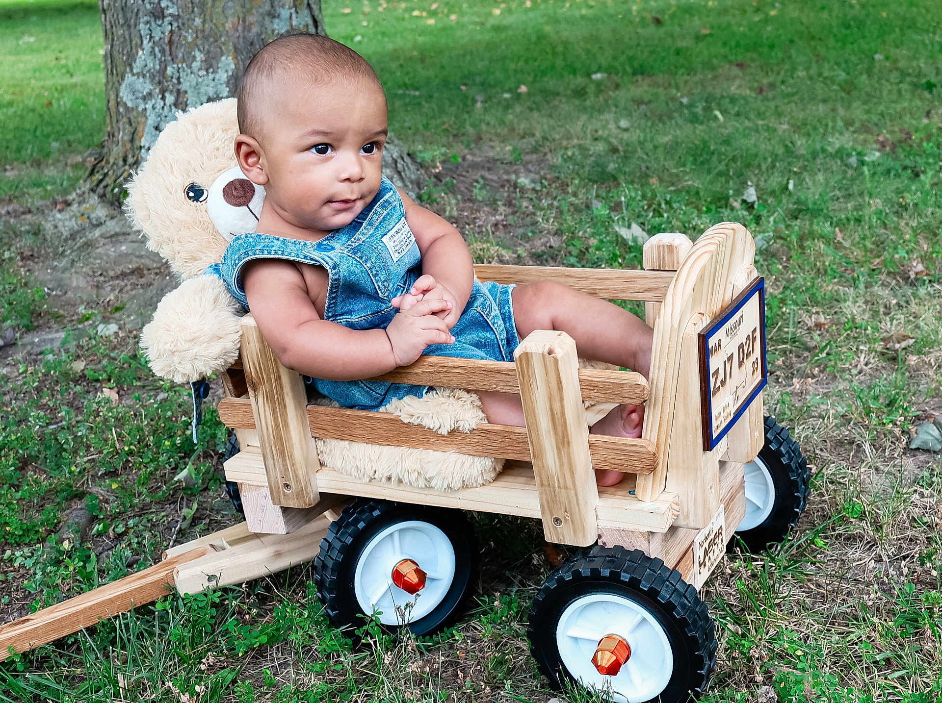 Montrice is registered to the contest to win money with this photo: baby, child, cute, denim_overalls, grass, greenery, infant, nature, outdoor, person, playtime, relaxed, small_vehicle, summer, teddy_bear, toy, tree_trunk, wheels, wood, wooden_wagon
