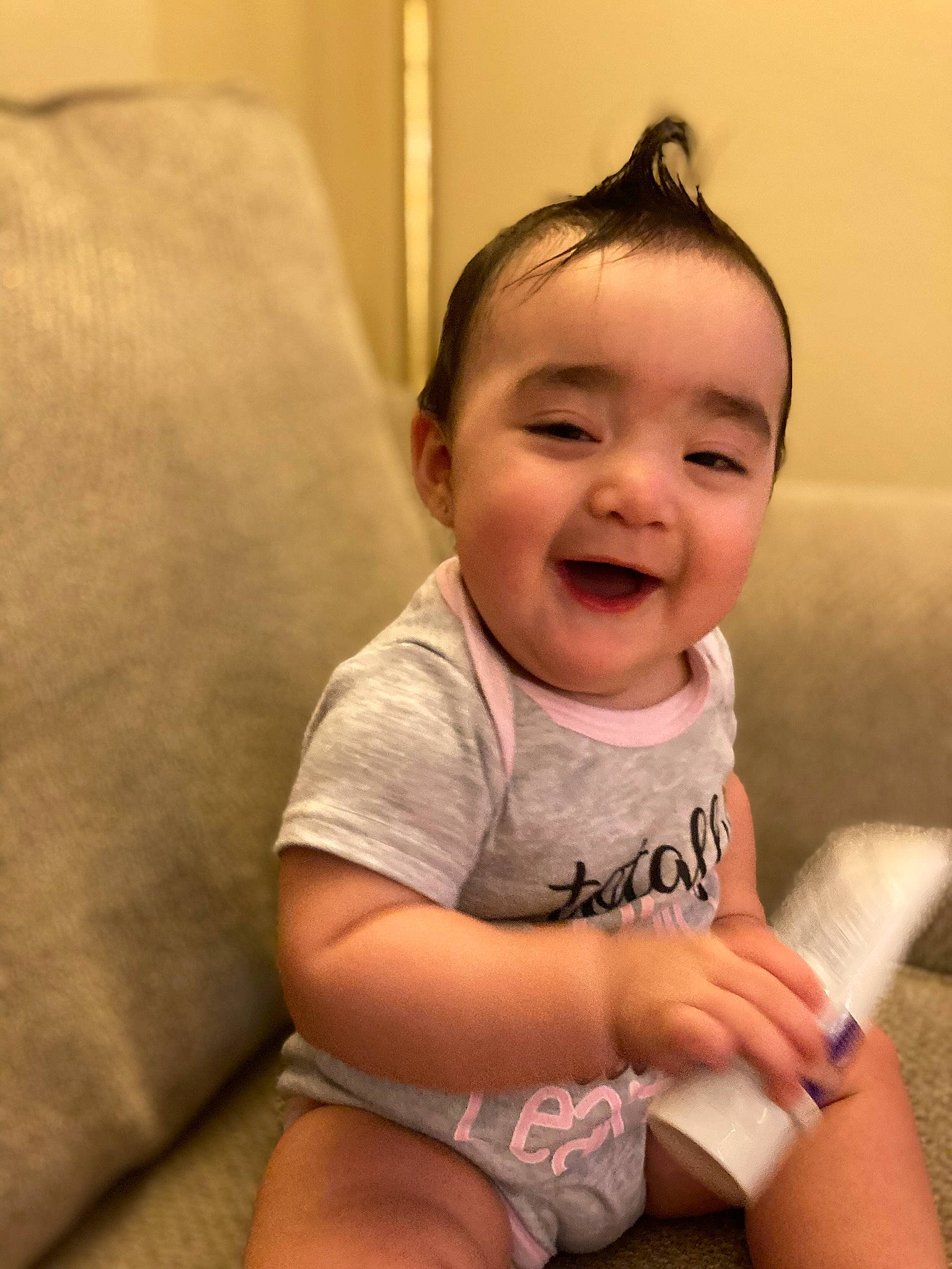 Avery joined the competition — help win amazing prizes! baby, baby_toddler_clothing, cheek, chin, eye, face, facial_expression, gesture, hair, hand, happy, human_body, iris, lip, mouth, neck, nose, person, skin, sleeve