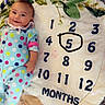 baby, infant, smiling, polka_dot, onesie, milestone_blanket, numbers, months, circled_number, carpet, leaf_pattern, indoor, child, cute, lying_down, happy, portrait, colorful, soft_texture, celebration