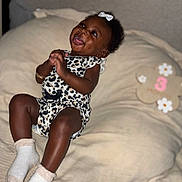Syiana joined the competition — help win amazing prizes! baby, infant, smiling, leopard_print, white_socks, bow, bed, blanket, happy, portrait, cute, celebration, milestone, child, indoor, person, lying_down, decor, soft, cozy
