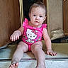 baby, child, pink_clothing, hello_kitty, sitting, floor, indoors, wooden_door, curious_expression, toddler, cute, person, infant, barefoot, home, portrait, young_child, casual, furniture, skin