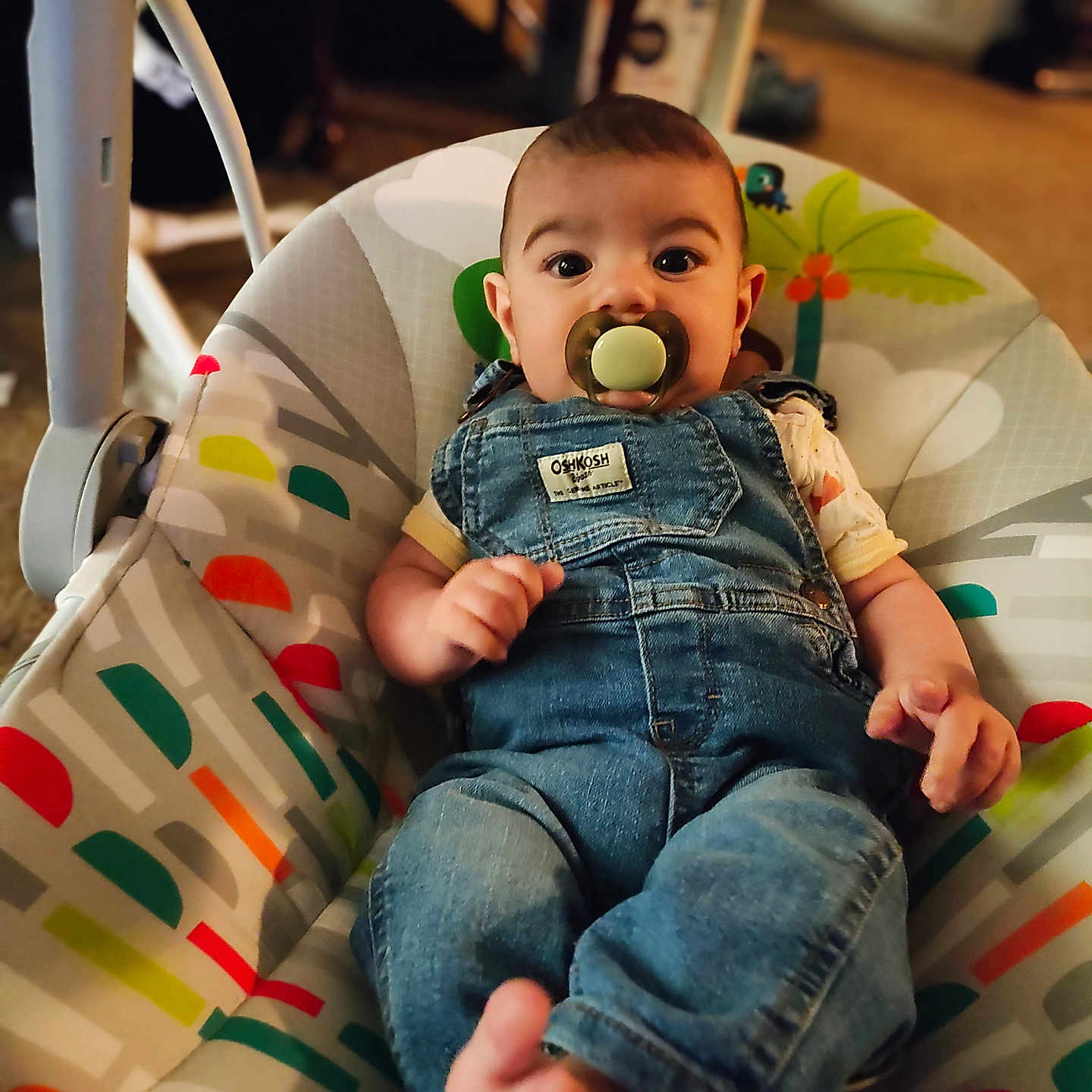Matteo is registered to the contest to win money with this photo: baby, baby_rocker, casual, child, clothing, colorful, comfort, cute, denim_overalls, face, foot, furniture, indoor, infant, pacifier, pattern, person, relaxed, seated, young_child