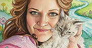 Nala is registered to the contest to win money with this photo: art, cat, colorful, flowers, fluffy_cat, green_eyes, hills, illustration, landscape, long_hair, mushrooms, nature, painting, pink_jacket, portrait, river, smile, watercolor, whimsical, woman