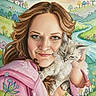 Nala is registered to the contest to win money with this photo: woman, cat, watercolor, painting, portrait, smile, fluffy_cat, pink_jacket, green_eyes, long_hair, flowers, mushrooms, colorful, landscape, river, hills, nature, art, whimsical, illustration