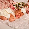 newborn, baby, sleeping, lace, headband, flower, roses, blanket, soft_texture, pink, white, portrait, cute, peaceful, infant, resting, flower_crown, delicate, baby_clothes, studio
