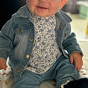 Ambre participe au concours pour gagner de l'argent avec cette photo : baby, blanket, blue_eyes, child, clothing, cozy, cute, denim_jacket, denim_pants, floral_top, footwear, happy, indoor, infant, pattern, person, portrait, sitting, smile, tousled_hair