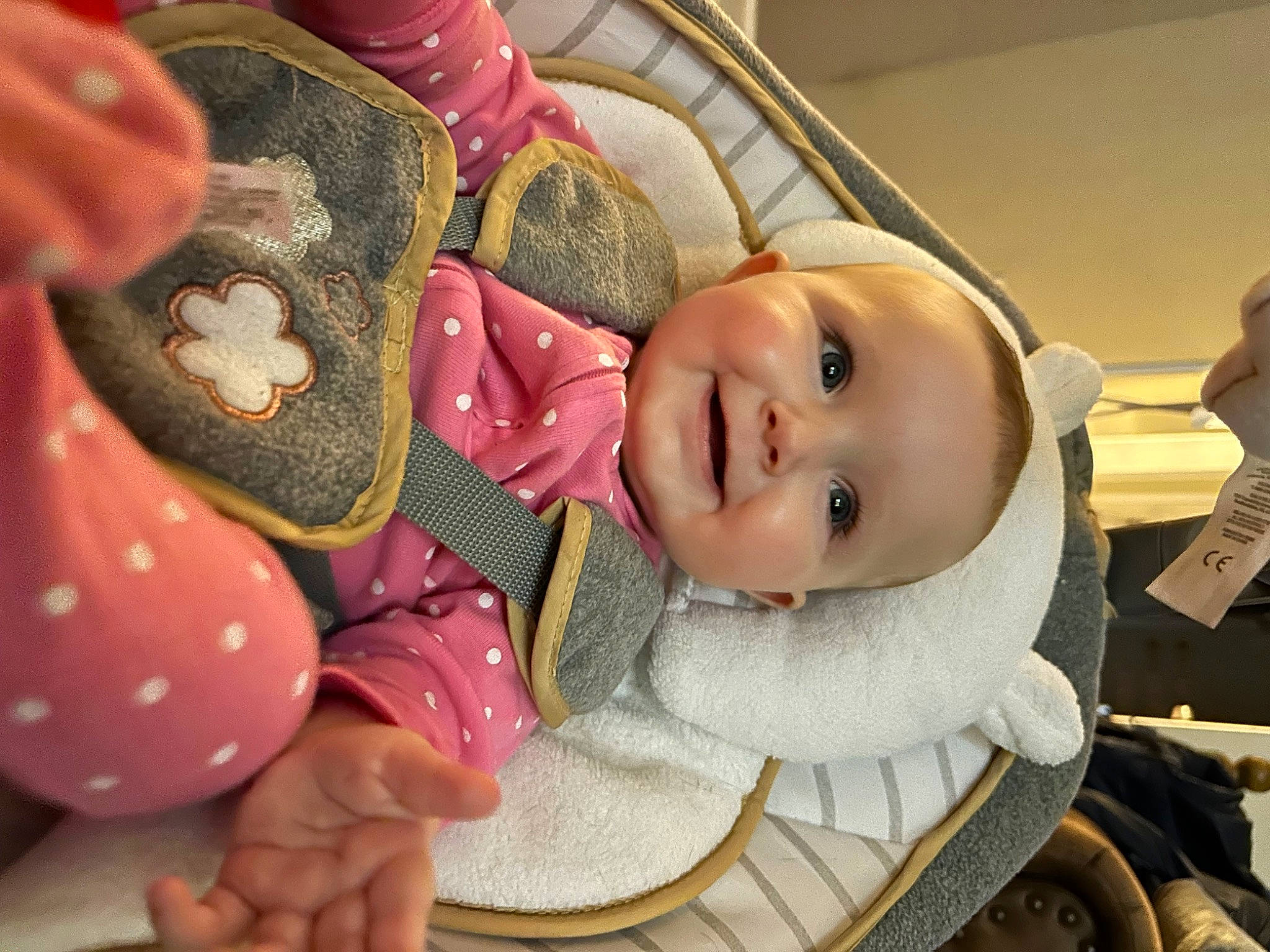 Gracelyn joined the competition — help win amazing prizes! baby, baby_carriage, baby_products, baby_toddler_clothing, cheek, child, comfort, fashion_accessory, finger, fun, happy, joy, mouth, nose, pattern, person, product, skin, smile, textile