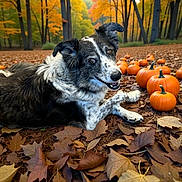 Hines joined the competition — help win amazing prizes! animal, autumn, border_collie, dog, fall_colors, fallen_leaves, forest, happy, leaf_litter, lying_down, nature, orange, outdoors, park, pet, portrait, pumpkins, seasonal, smiling, trees