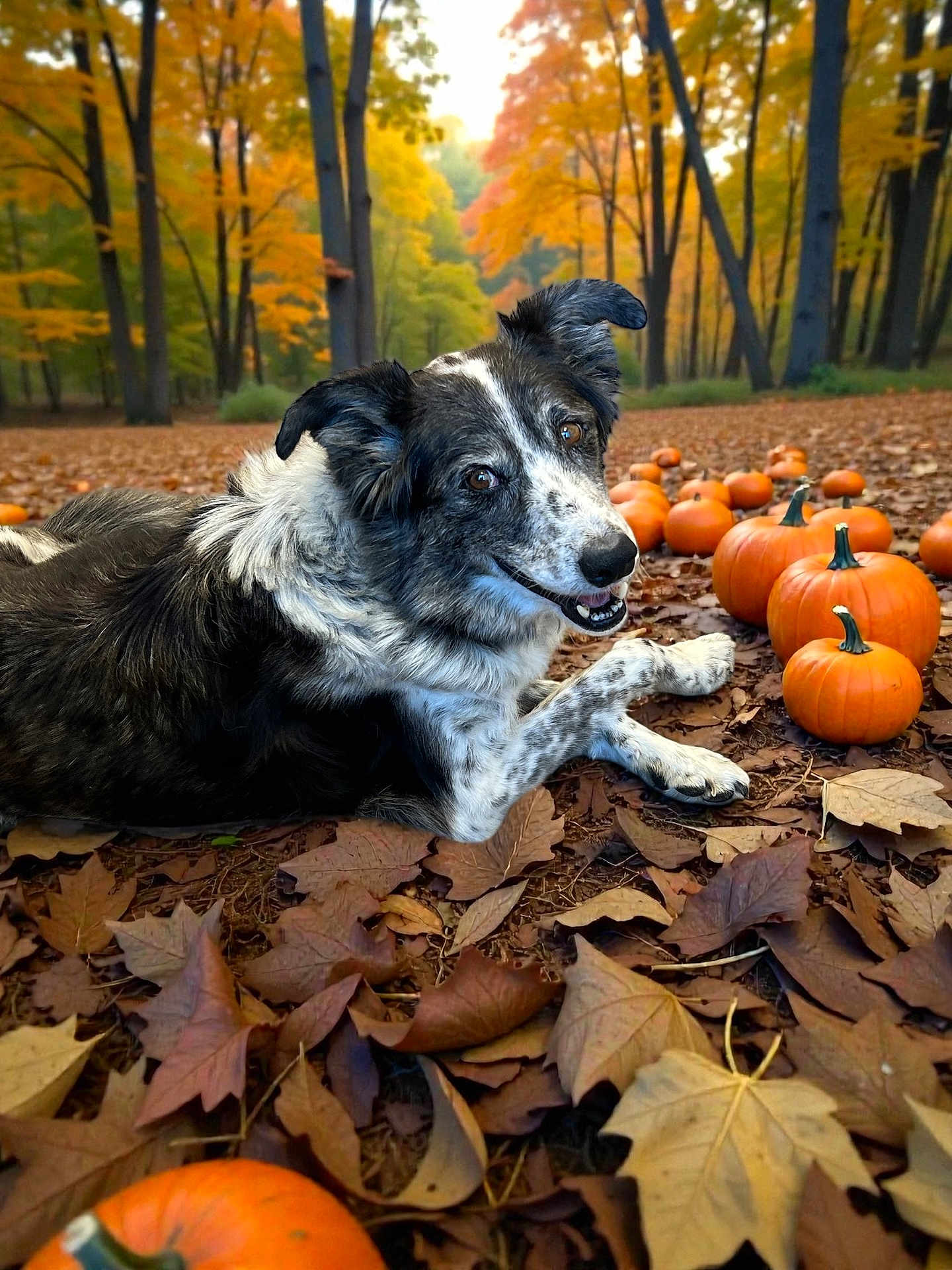 Hines joined the competition — help win amazing prizes! animal, autumn, border_collie, dog, fall_colors, fallen_leaves, forest, happy, leaf_litter, lying_down, nature, orange, outdoors, park, pet, portrait, pumpkins, seasonal, smiling, trees