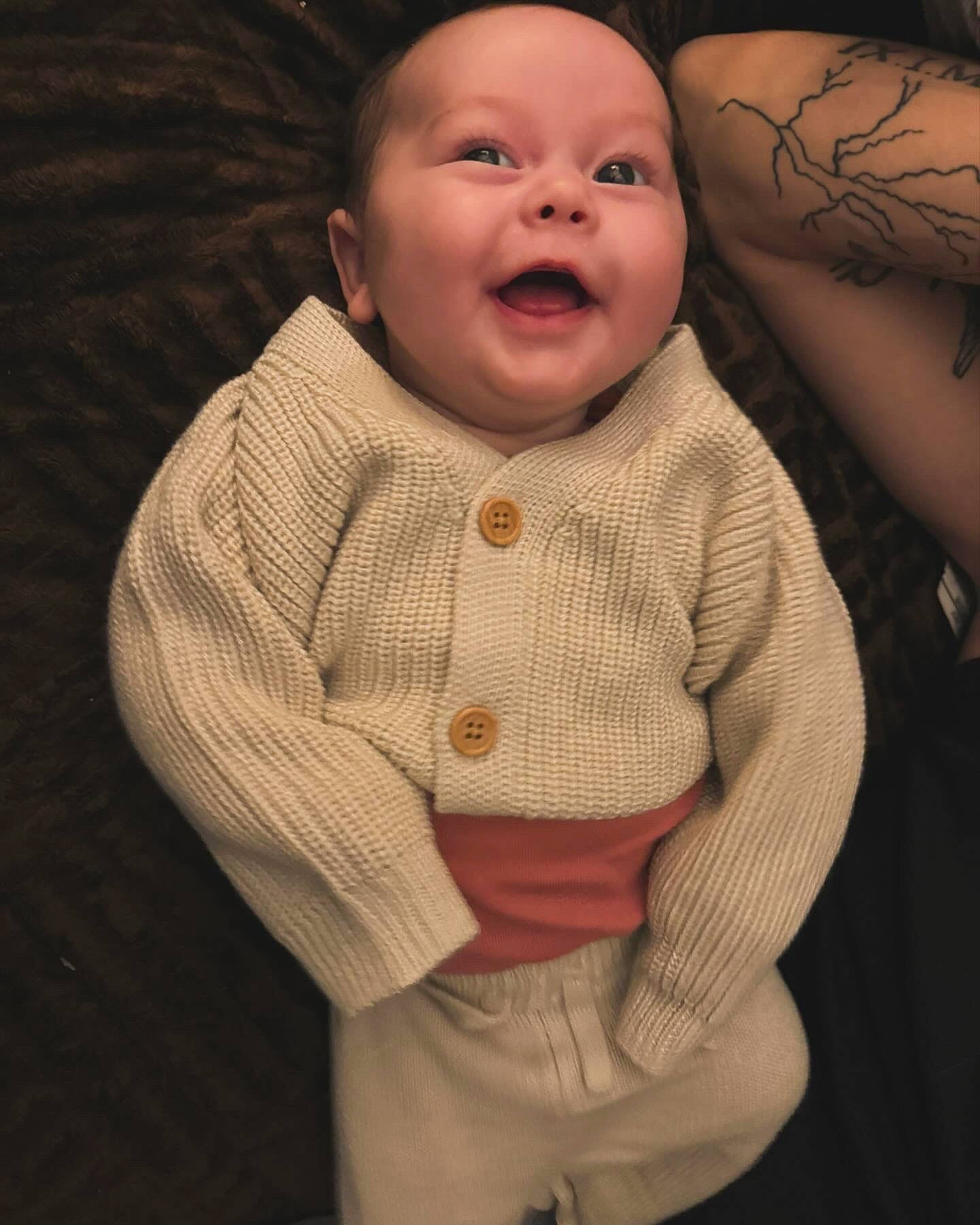 Annalise joined the competition — help win amazing prizes! baby, baby_toddler_clothing, cheek, chin, comfort, eye, face, facial_expression, finger, flash_photography, gesture, happy, iris, lip, mouth, nose, person, skin, sleeve, smile