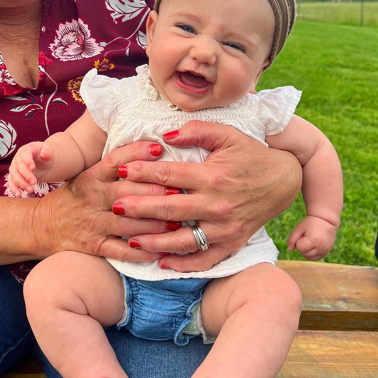 Parker is registered to the contest to win money with this photo: accessories, baby, clothing, dress, face, grass, happy, head, jeans, jewelry, nature, outdoors, pants, park, people, person, photography, plant, portrait, ring