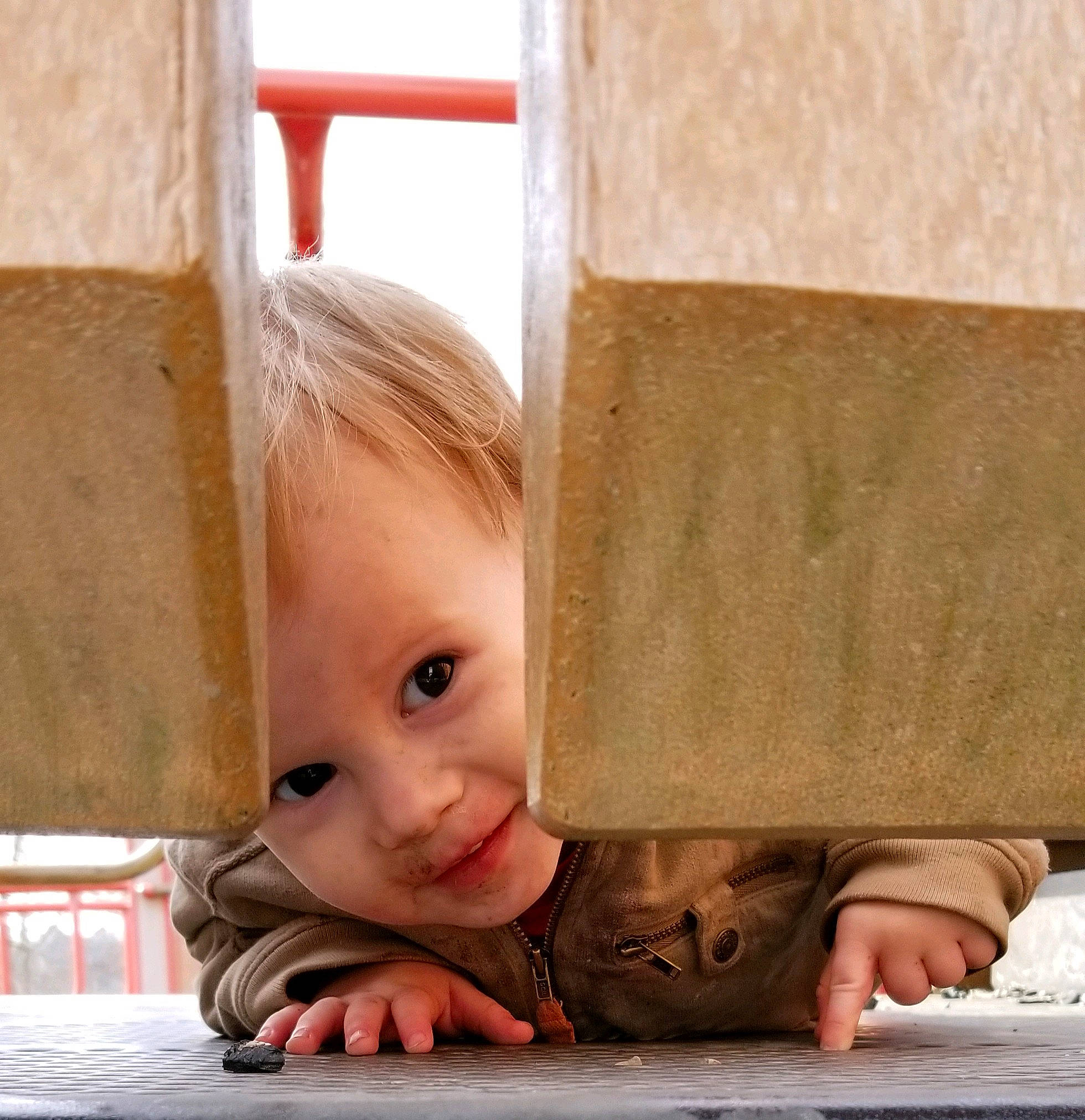 Jasper is registered to the contest to win money with this photo: child, curious, head, person, sitting, toddler, wood