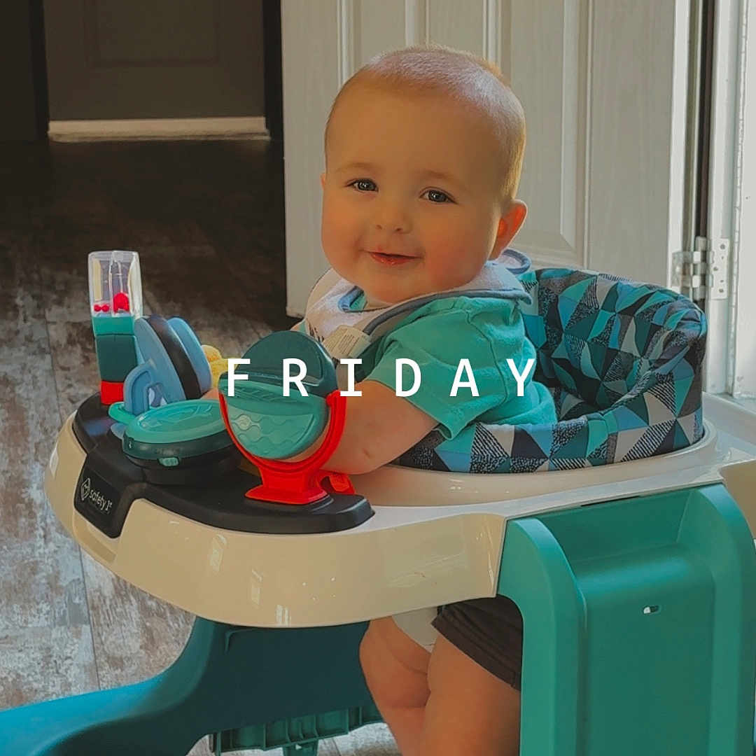 Jackson joined the competition — help win amazing prizes! baby, walker, smiling, child, indoor, toy, floor, door, teal, white, happy, cute, infant, playful, furniture, foot, clothing, face, portrait, home