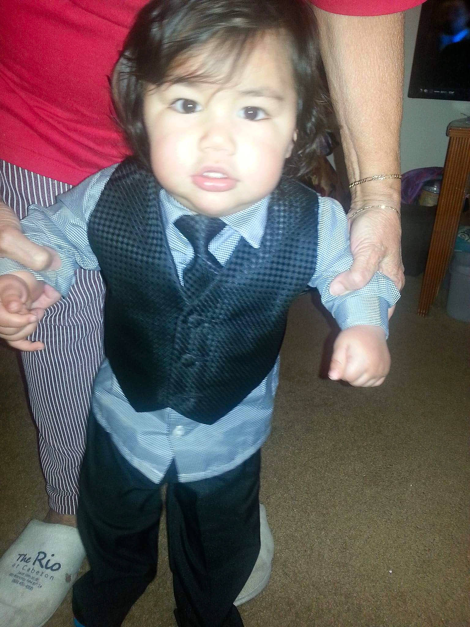 Setefano joined the competition — help win amazing prizes! baby, black_hair, cheek, child, outerwear, person, skin, smile, suit, thumb, toddler