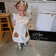 Monroe joined the competition — help win amazing prizes! appliances, bow, cabinet, child, curly_hair, cute, dress, floor, furniture, girl, headband, home, indoor, kitchen, mat, person, silver_shoes, smile, standing, toddler
