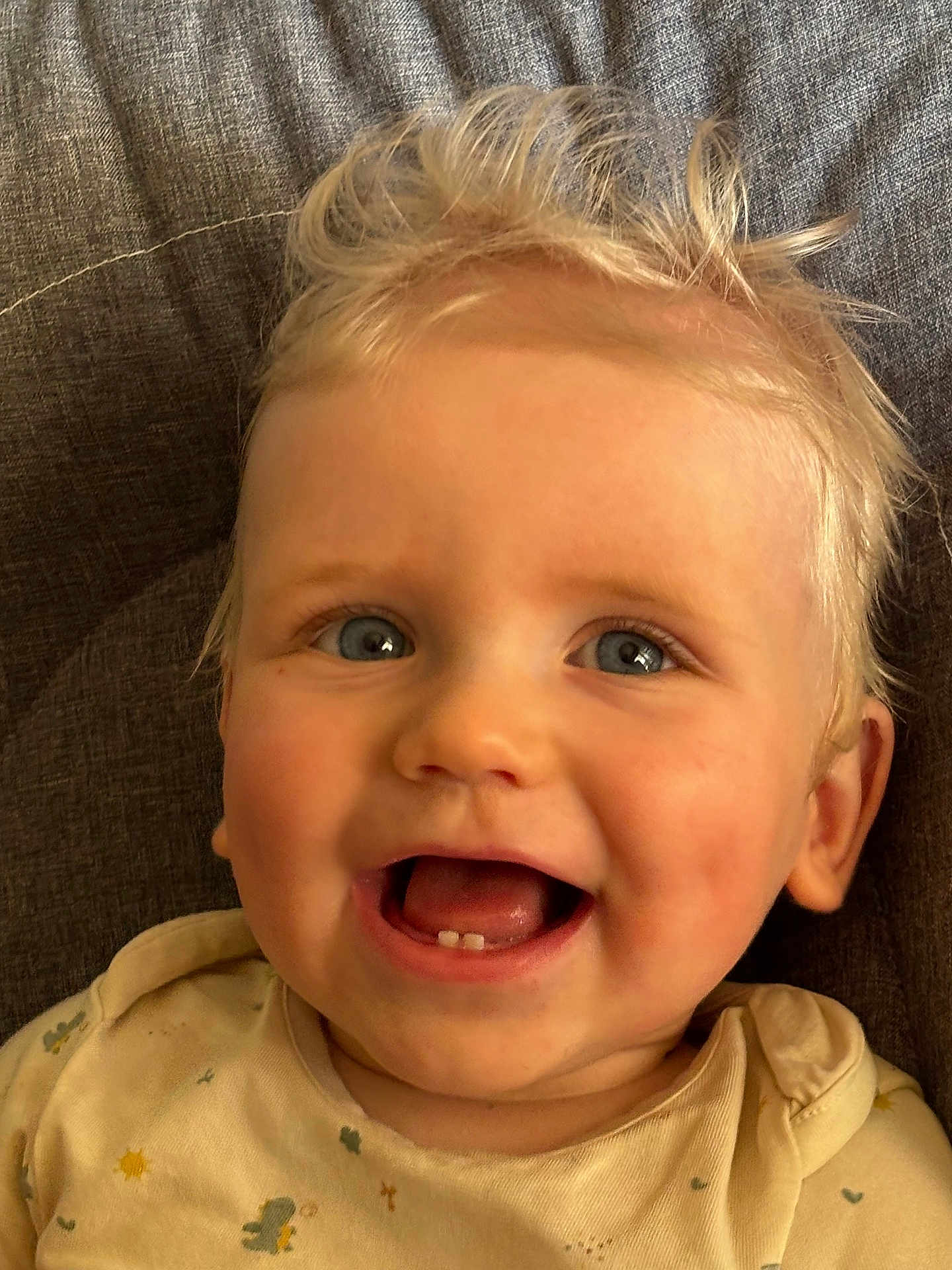 Raphaël participe au concours pour gagner de l'argent avec cette photo : baby, blonde_hair, blue_eyes, smile, teeth, face, infant, joyful, close_up, child, cute, happy, skin, clothing, fabric, portrait, person, toddler, head, expression