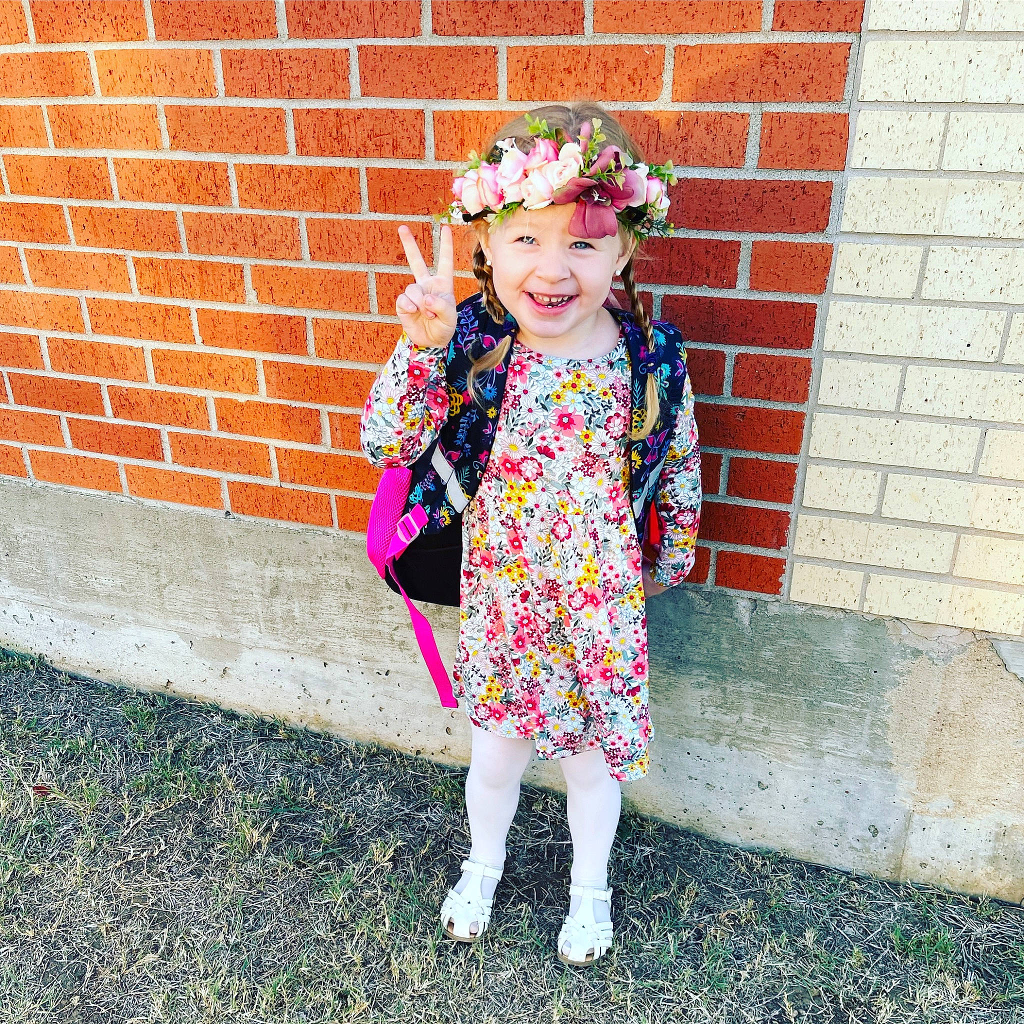 Kaydence joined the competition — help win amazing prizes! baby_toddler_clothing, brick, brickwork, child, day_dress, dress, electric_blue, eyewear, fashion_accessory, grass, happy, headwear, jewellery, joy, magenta, one_piece_garment, pattern, person, pink, sleeve