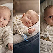 Maël participe au concours pour gagner de l'argent avec cette photo : baby, newborn, infant, triptych, portrait, close_up, sleeping, awake, smile, curious, pacifier, pacifier_clip, onesie, blanket, soft_tones, neutral_background, cozy, bedding, expression, hand