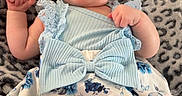 Bonnie is registered to the contest to win money with this photo: baby, infant, blue_dress, headband, flower_pattern, blanket, leopard_print, cute, child, indoors, soft_texture, portrait, newborn, clothing, fabric, person, laying_down, skin, face, expression