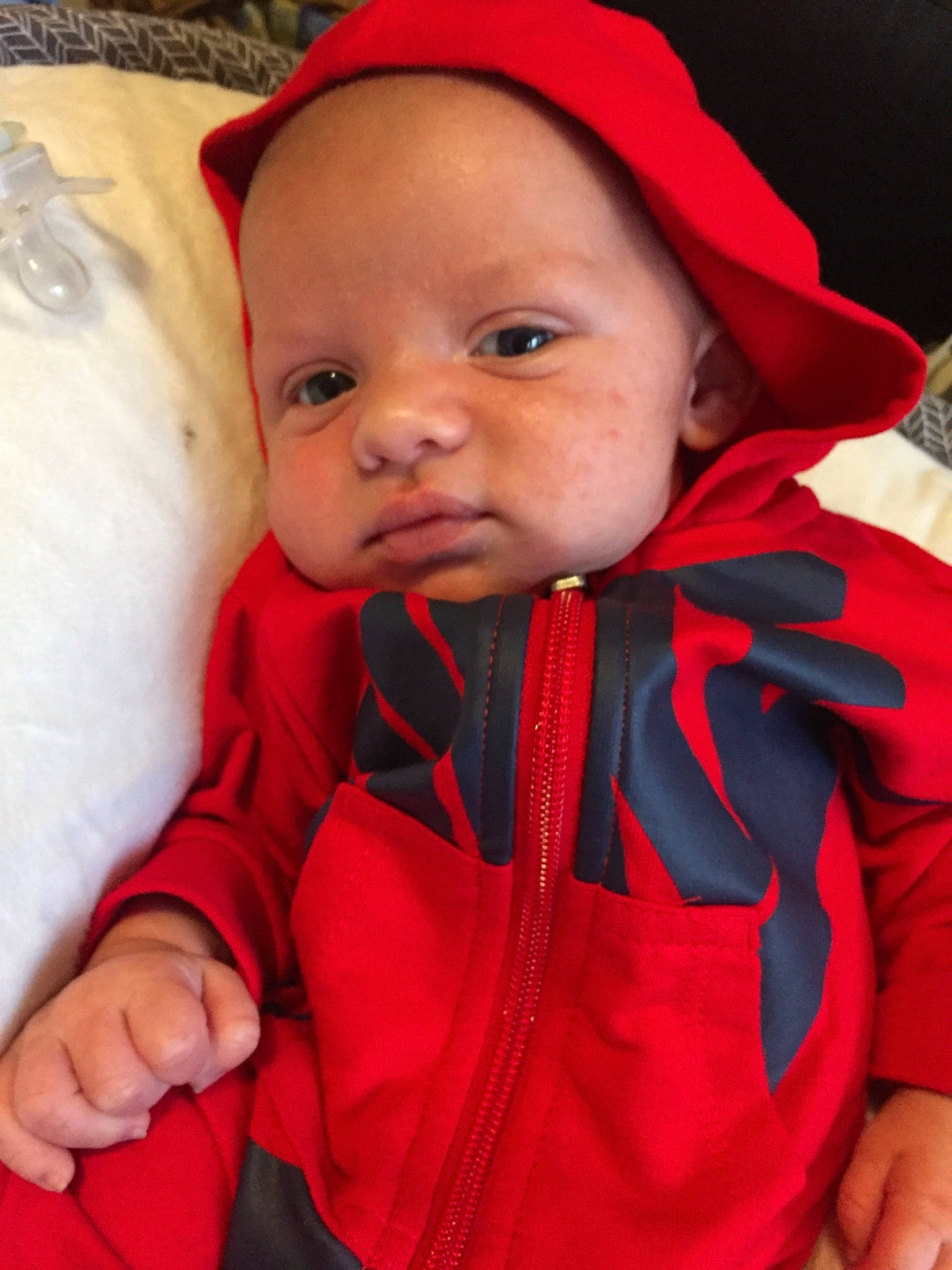 Cayson joined the competition — help win amazing prizes! baby, baby_products, cheek, child, eye, face, head, hood, hoodie, jacket, lip, mouth, nose, outerwear, person, product, red, skin, smile, toddler