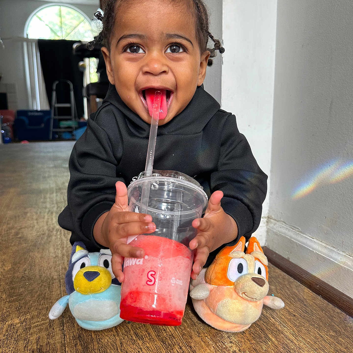 Daquan Jr is registered to the contest to win money with this photo: accessories, baby, bag, beverage, cream, cup, cutlery, dessert, disposablecup, eating, face, food, handbag, head, icecream, person, photography, portrait, sitting, toy