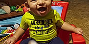 Landan joined the competition — help win amazing prizes! baby, bodypart, chair, clothing, couch, face, finger, furniture, hand, happy, hardwood, head, indoors, person, photography, portrait, sitting, t_shirt, toy, wood