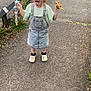 child, playful, tongue_out, denim_dress, pastel_cap, toy_dinosaur, pacifier_clip, outdoor, paved_path, fence, greenery, cute, smiling, casual_clothing, footwear, socks, person, happy, nature, daytime