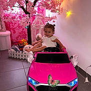 Anna participe au concours pour gagner de l'argent avec cette photo : child, toddler, toy_car, pink, indoor, flower_tree, stuffed_animals, fairy_lights, smiling, pigtails, floor_tiles, white_dress, butterfly_sticker, decor, cozy, playtime, steering_wheel, fence, cage, happy