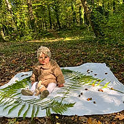 Romane participe au concours pour gagner de l'argent avec cette photo : baby, child, forest, nature, blanket, fern, acorns, toy, outdoor, autumn, leaves, sunlight, jacket, turban, ground, cute, sitting, curious, greenery, daylight