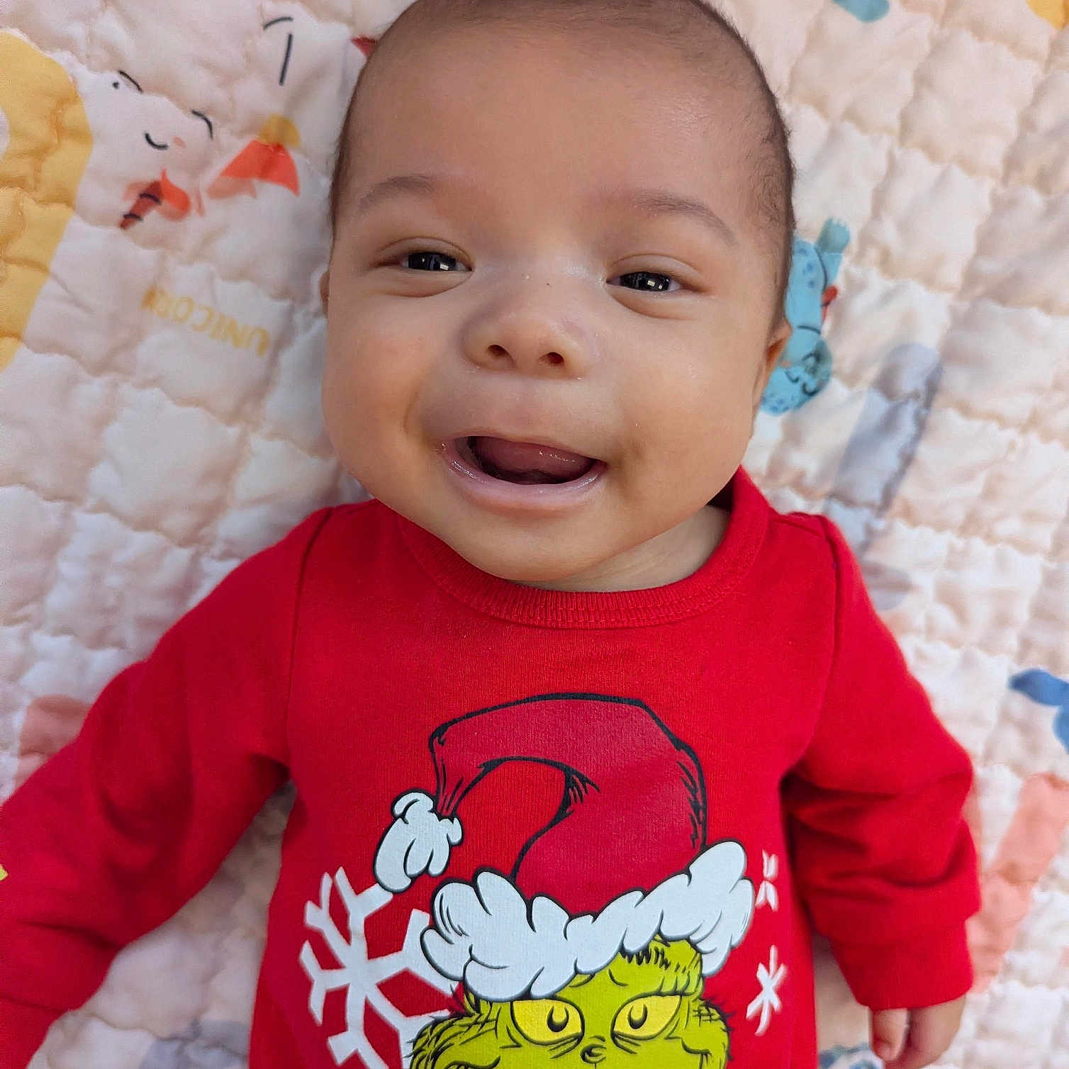 Ezair joined the competition — help win amazing prizes! baby, child, close_up, clothing, cute, face, grinch, happy, holiday_theme, indoors, infant, joyful, lying_down, patterned_blanket, person, portrait, quilted_blanket, red_shirt, santa_hat, smiling