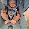 Karson is registered to the contest to win money with this photo: baby, infant, child, car_seat, harness, buckled, portrait, sitting, wide_eyed, indoors, gray, clothing, bare_feet, hands, feet, wood_floor, safety, travel, vehicle_equipment, photography