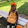 child, girl, toddler, smiling, outdoor, playground, bench, dress, orange_bow, braids, beads, shoes, grass, fence, sunlight, leaves, portrait, sitting, playground_equipment, happy