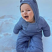Westynn joined the competition — help win amazing prizes! baby, child, snow, winter_clothing, snowsuit, hood, smile, happy, outdoor, cold_weather, infant, cute, playful, nature, seasonal, fun, face, person, sitting, blue