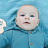 baby, blue_clothing, blue_blanket, wooden_plaque, six_months, infant, portrait, cute, child, smiling, face, eyes, lying_down, cozy, milestone, buttoned_shirt, skin, head, expression, newborn